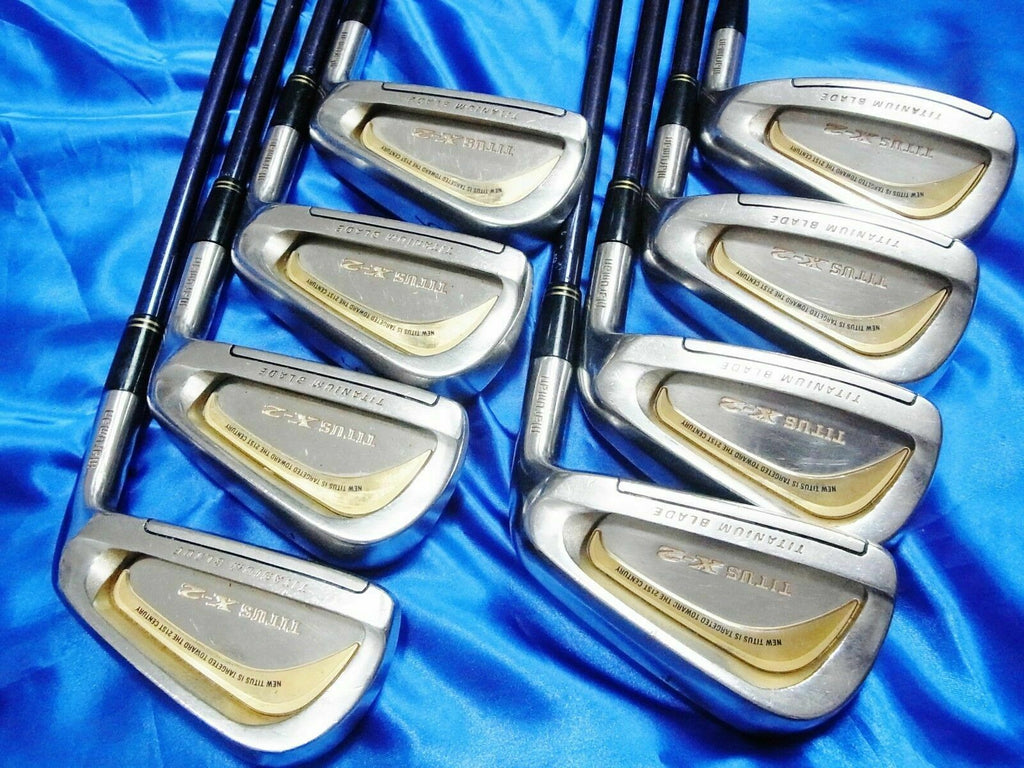 8PC BEAUTIFUL GOLD MARUMAN TITUS X-2 R-FLEX IRONS SET GOLF CLUBS MAJESTY